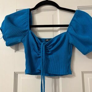 Zara Blue Ribbed Puff Sleeve Top